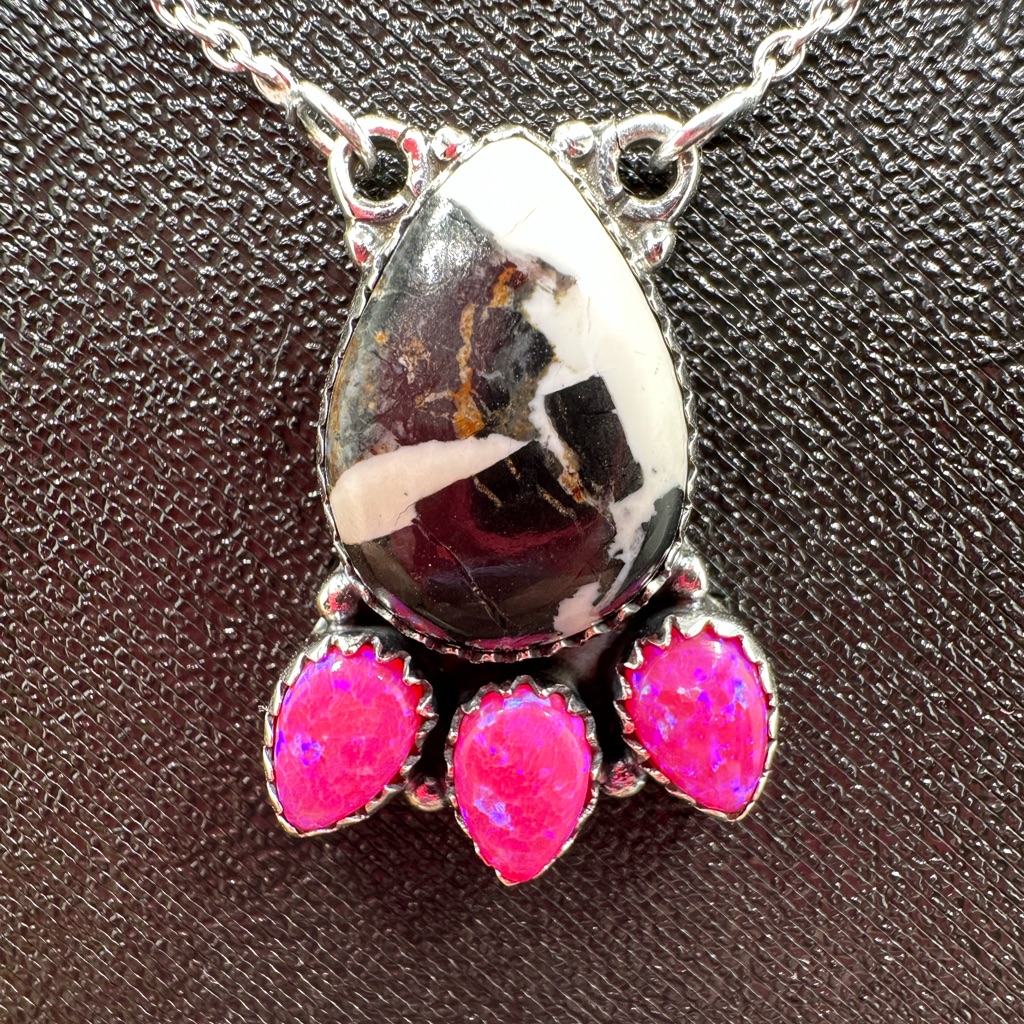 Pink Balloon Opal White Buffalo Sterling Silver 925 Handmade Pendant Necklace 150$